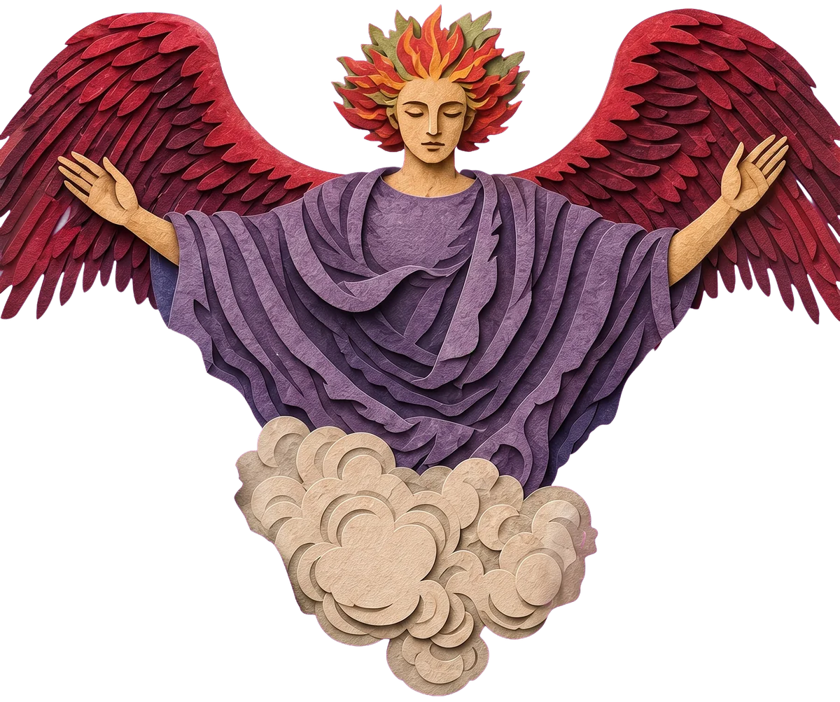 A great angel with red wings and flame-like hair, arms spread wide, in a purple robe in front of a yellow sun
