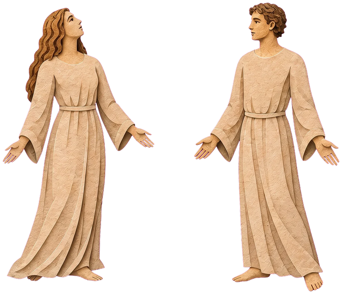 The man and the woman in long pale robes, barefoot, hands open, with a red mountain and green grass between them