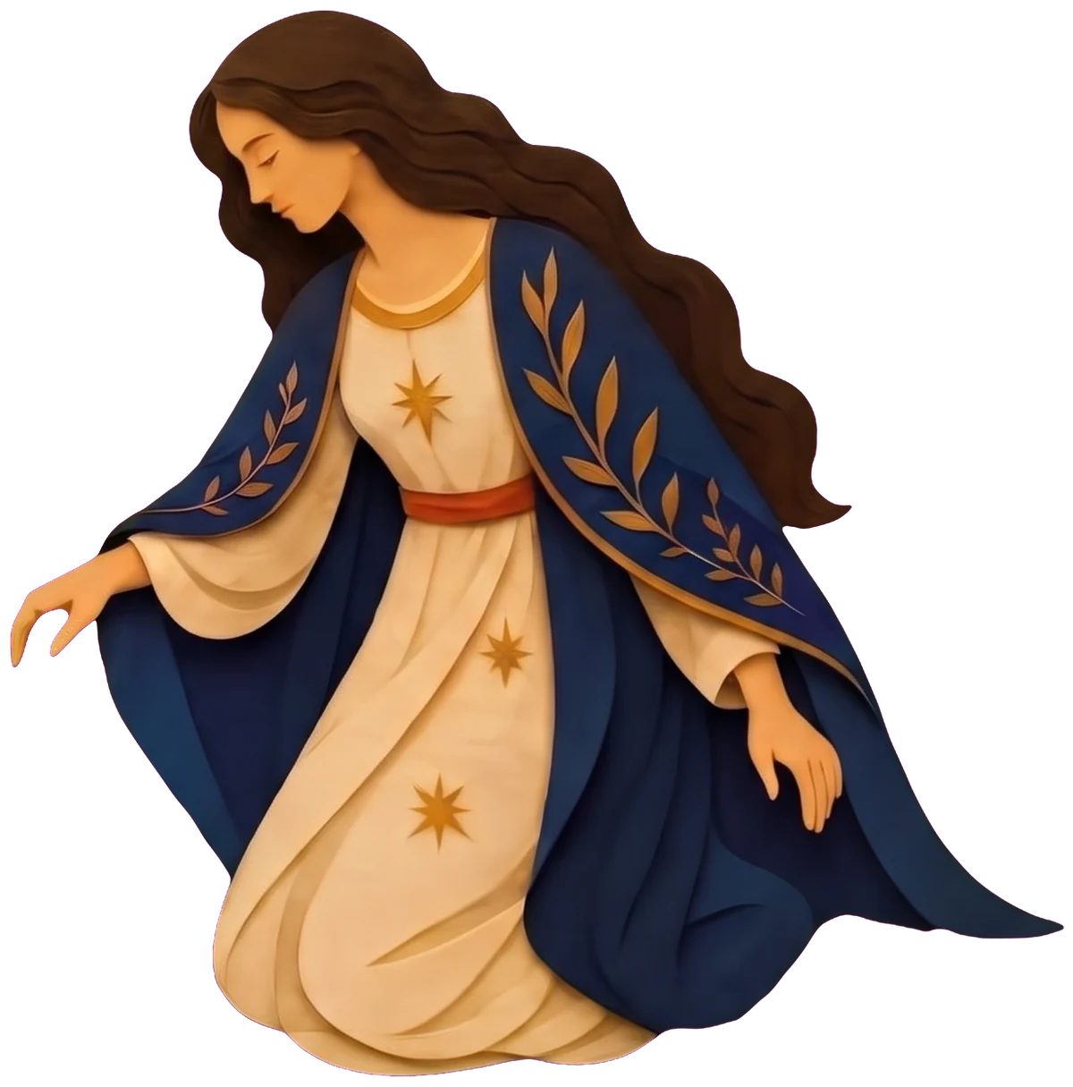 A young woman with long dark hair, eyes closed, in a cream dress and a dark blue cloak embroidered with leaves
