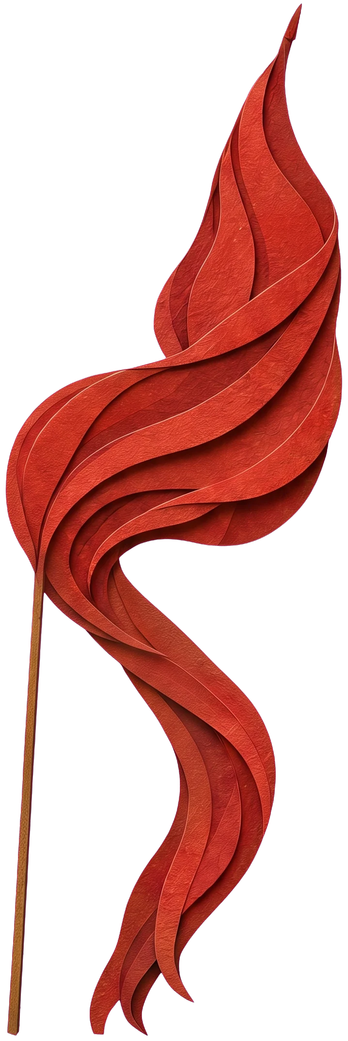 A long red banner billowing in waves from a pole in the child's hand, falling down past the horse's head