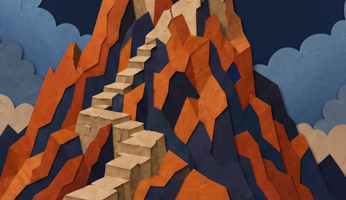 A jagged peak of orange and dark blue rock with stone steps climbing to the base of the tower, under a night sky