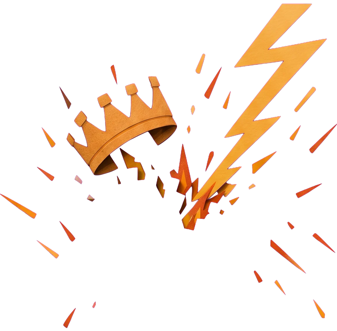 A yellow lightning bolt strikes the top of the tower and knocks a golden crown into the air, with sparks and stones flying