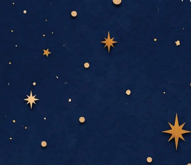 Deep blue night sky with small gold stars between the dancer's starry dress and the right side of the green garland