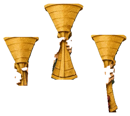 Three golden cups raised high against a blue sky, held up by the women's hands