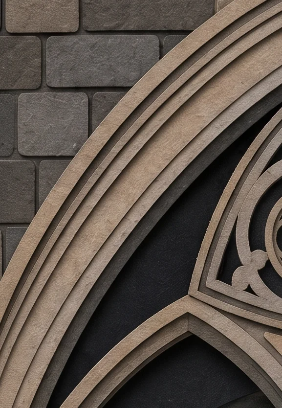 Dark grey stone bricks and the carved curve of a gothic arch, with deep shadow inside