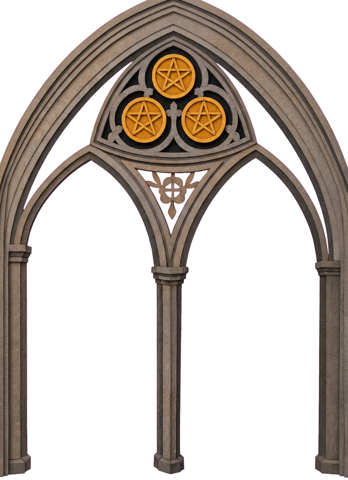 Three golden pentacles set in the stone tracery at the top of a Gothic arch