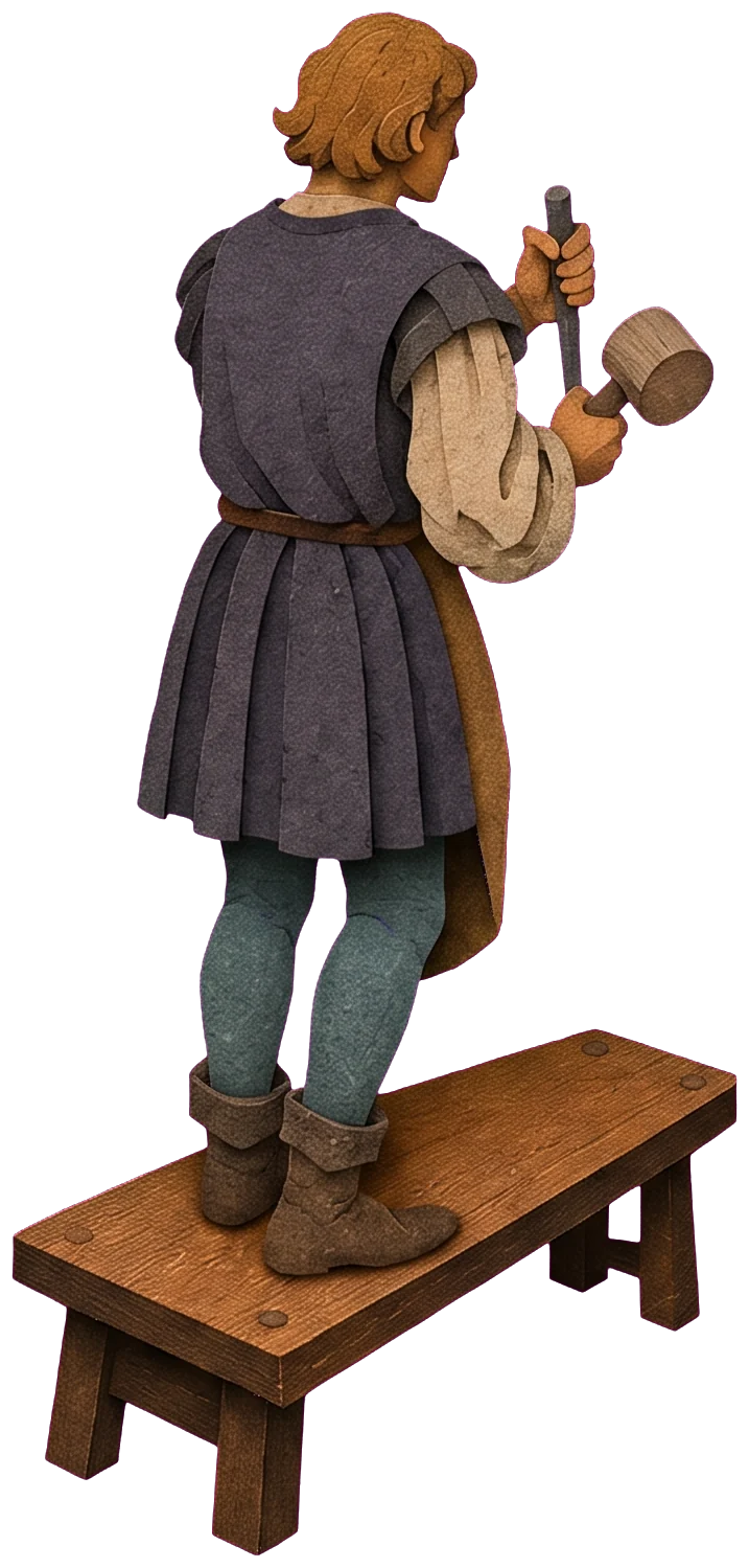 A young craftsman with a mallet and chisel standing on a wooden bench, carving the stone pillar