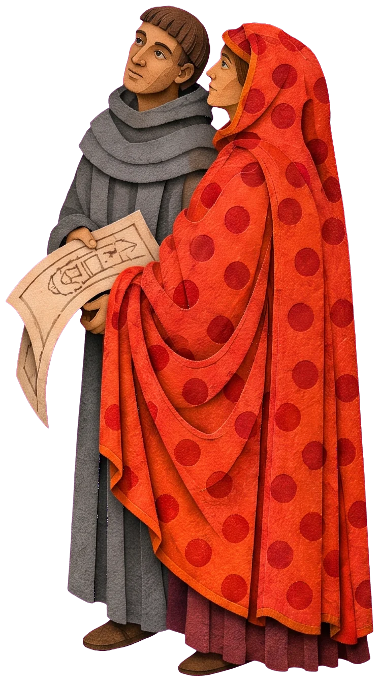 A monk in a grey habit and a woman in a red spotted hood, both looking up at the craftsman