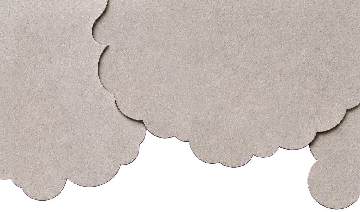Layered grey paper clouds across the top of the card, with the hilts of three swords rising in front of them