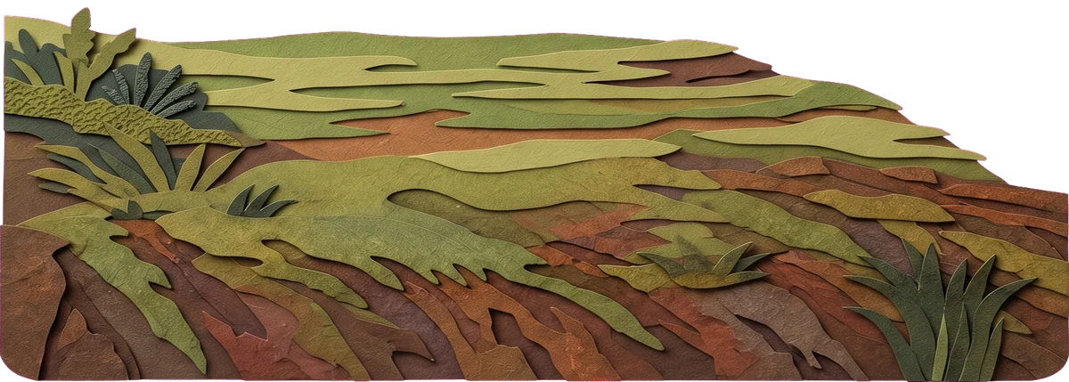 A grassy brown cliff top with the base of a wand and the man's robe, above a golden sea and a low purple shore