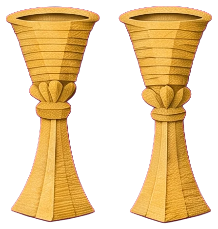 Two golden cups held side by side, the couple's hands meeting between them, a dark staff with two entwined snakes rising above