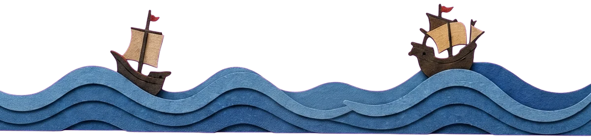 A small sailing ship with a brown hull and pale sail riding layered blue waves