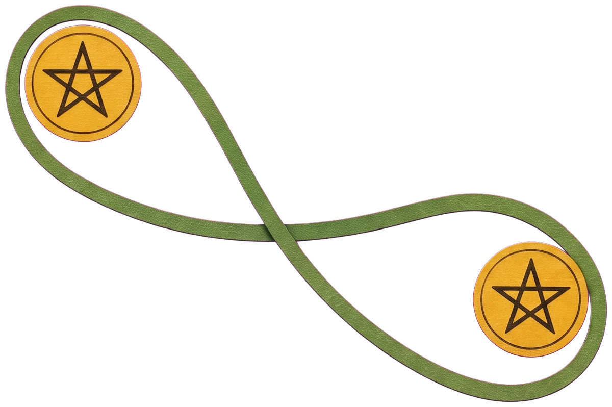 A green cord looped in a figure eight around two golden pentacles held in the young man's hands