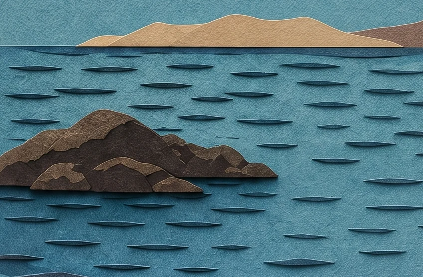 A dark teal sea with small ripples and a dark rocky island, distant hills on the horizon