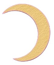 A thin gold crescent moon in a teal sky, beside the tip of a sword