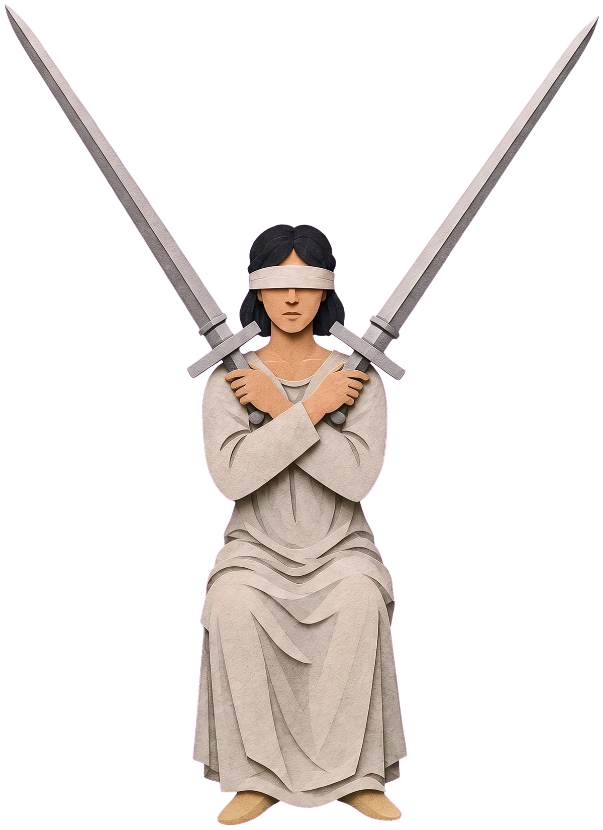 A woman with dark hair and a white blindfold, her arms crossed over her chest holding the hilts of two swords