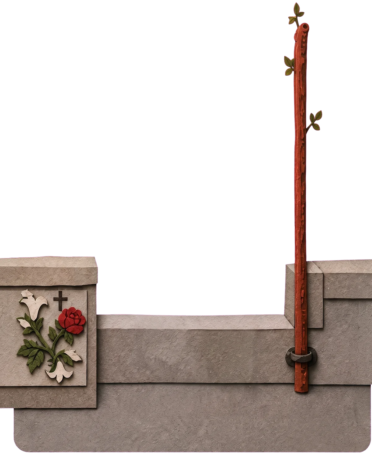 A red-brown wand standing upright against the castle wall, held in an iron ring