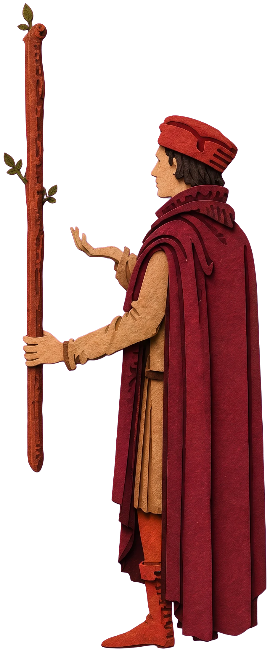 A man in a red cap and a long dark red cloak standing in profile, holding a small green and red globe up in his hand