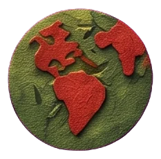A man in a red cap and red cloak holding a small green globe with red continents in his open hand