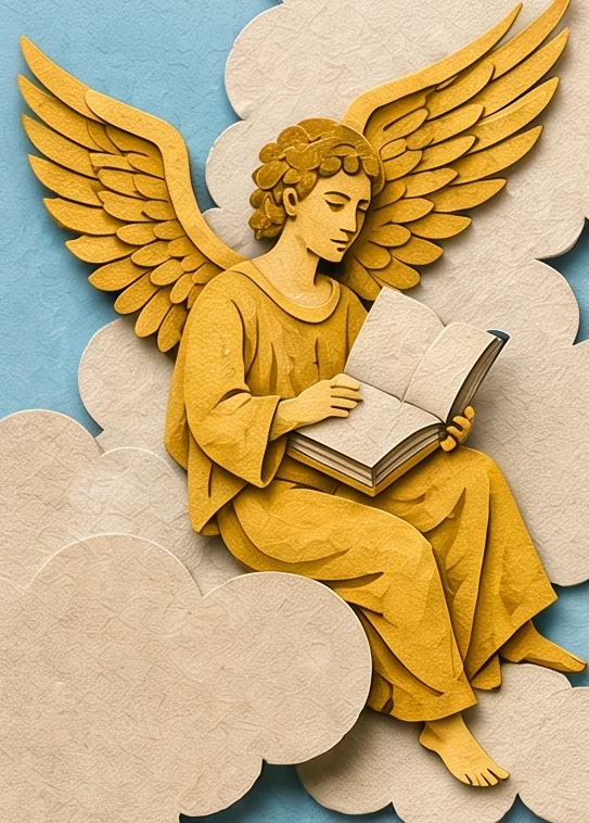 A golden winged angel sitting on a cloud and reading an open book.