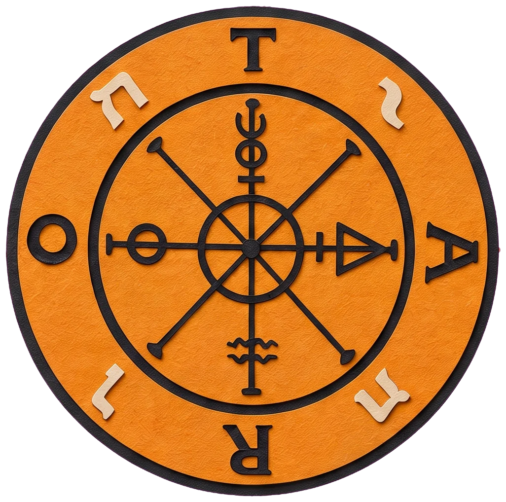 A large orange wheel with the letters T, A, R, O, Hebrew letters on its rim and symbols on its spokes.