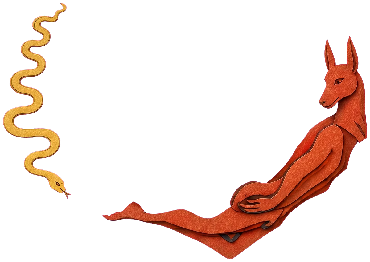 A red figure with a jackal's head climbing up the right side of the wheel.