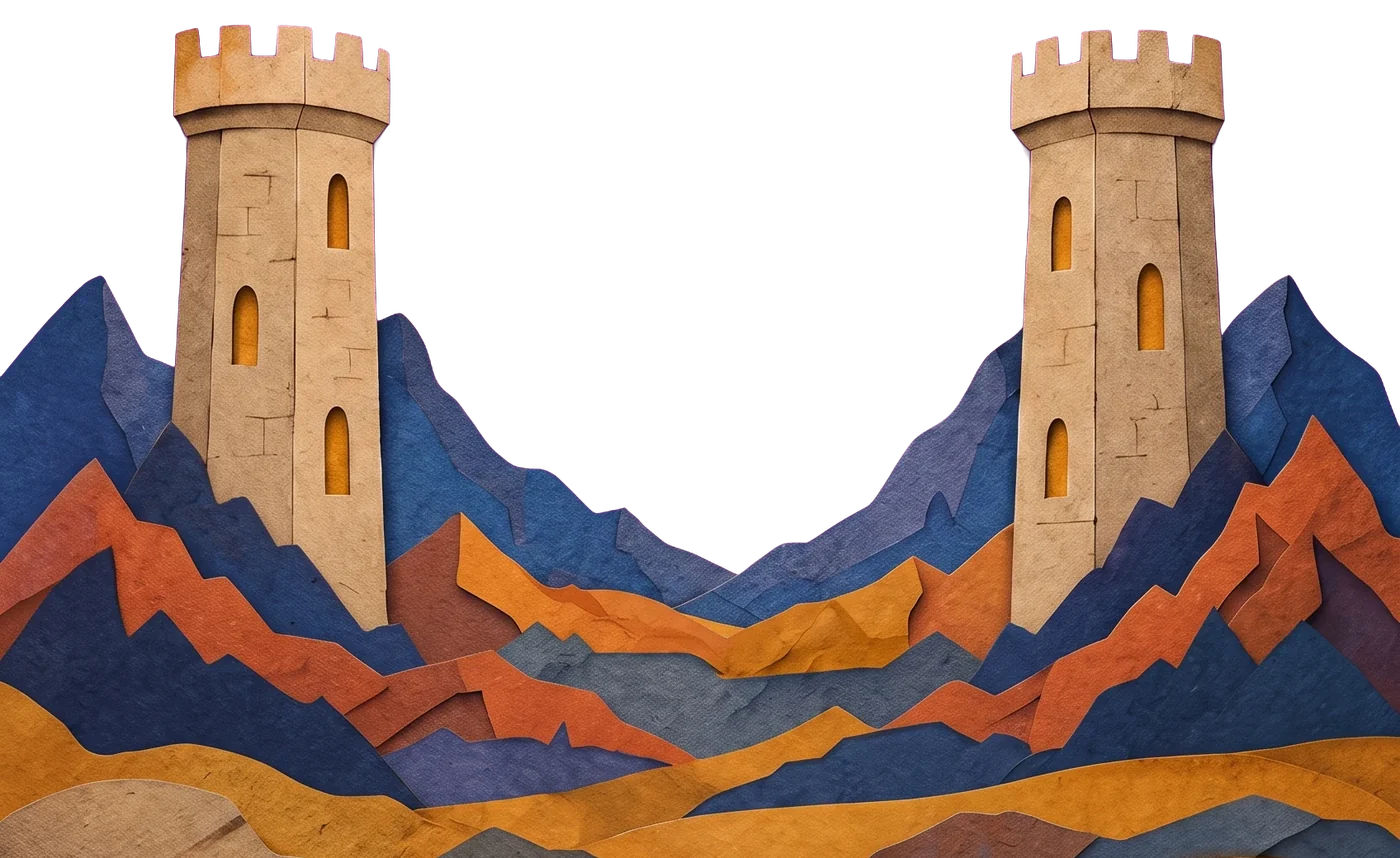 Two stone towers among blue and orange paper mountains