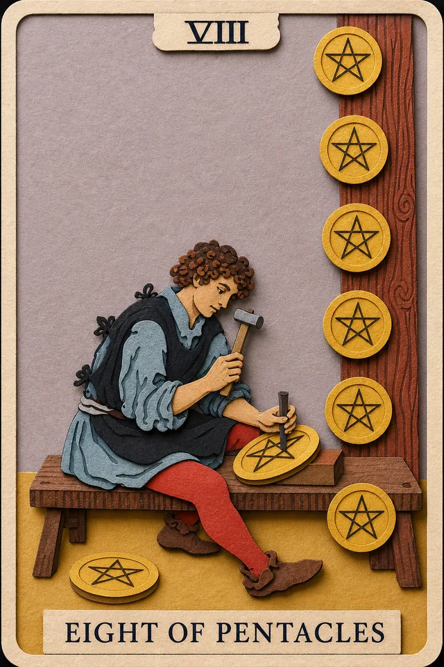 Eight of Pentacles card, upright