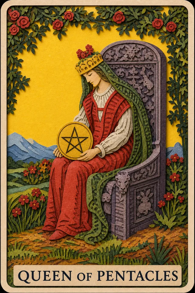 Queen of Pentacles card, upright