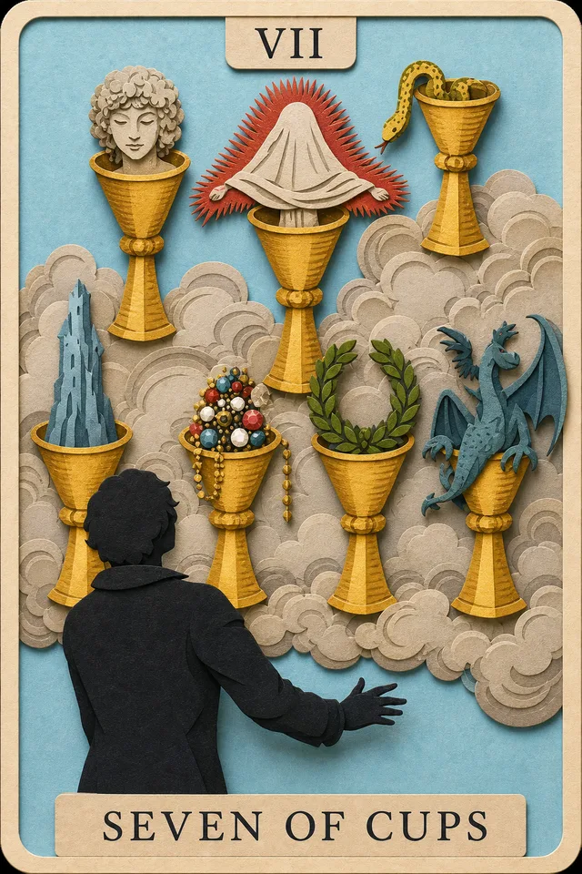 Seven of Cups card, upright